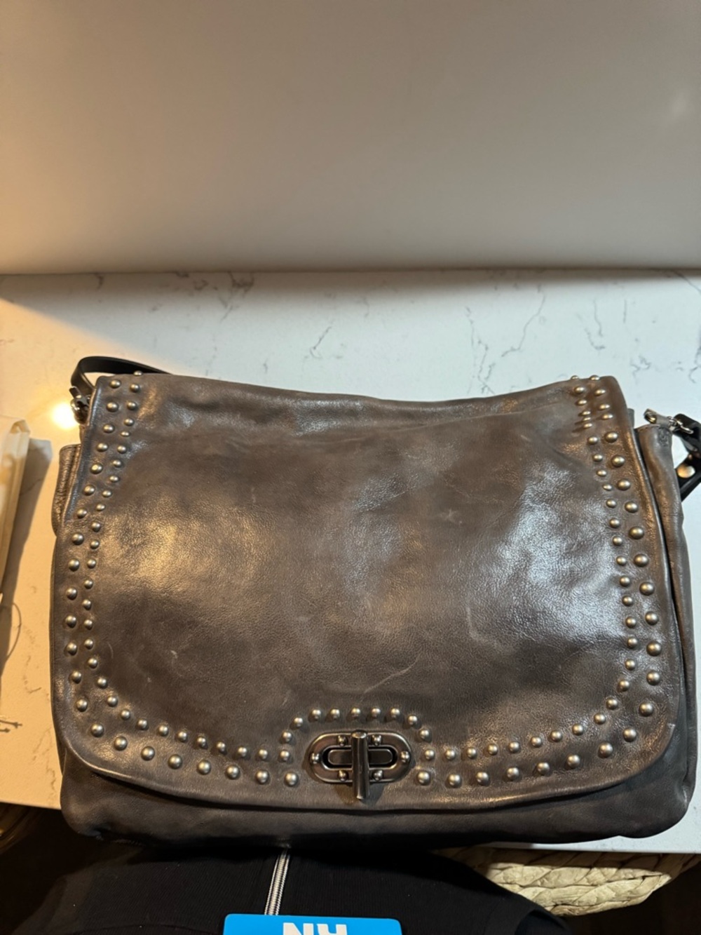 A.S.98 Stud-Trim Distressed Leather Crossbody Bag in Dark Charcoal